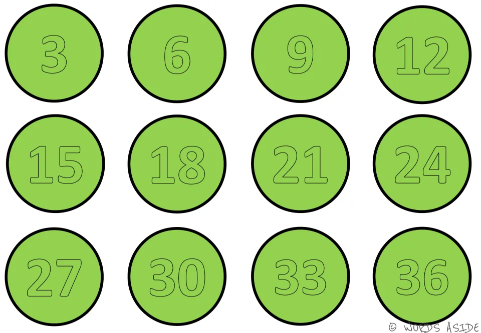 Green skip-counting mat with 12 traceable numbers: 3, 6, 9, 12, 15, 18, 21, 24, 27, 30, 33, 36.