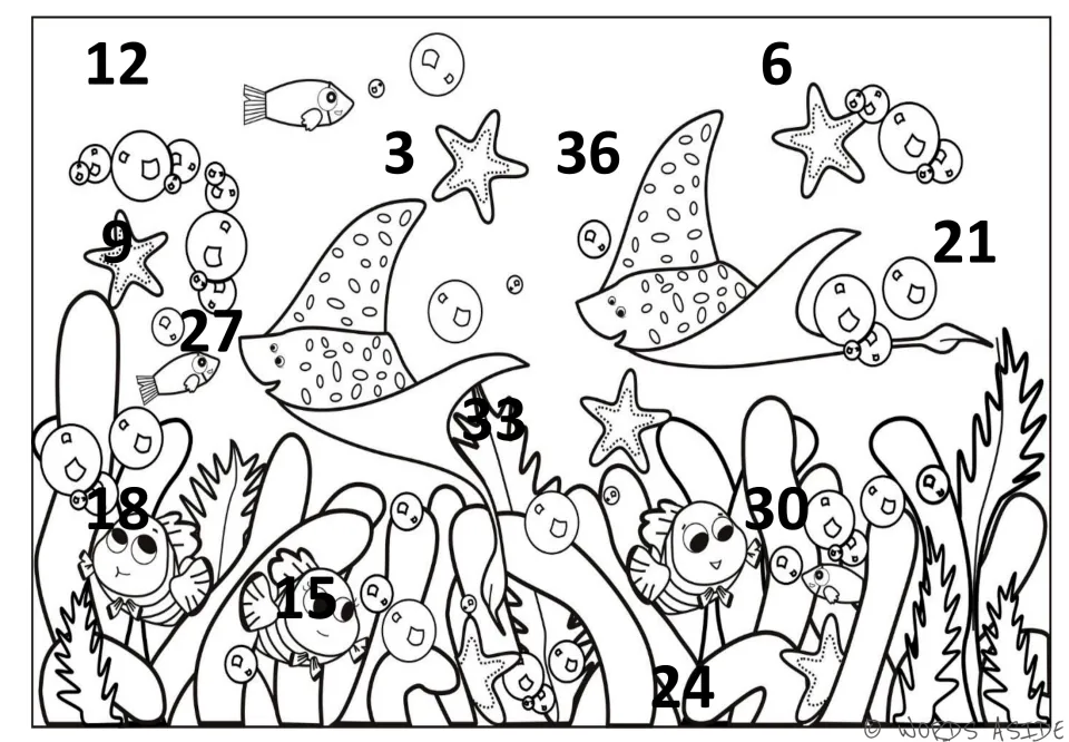 Counting-by-3s mat 1 of 7: black numbers 3 through 36 scattered across an underwater scene with rays and fish.
