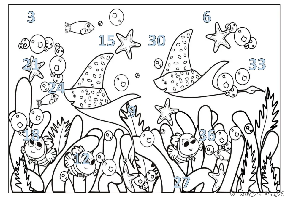 Counting-by-3s mat 2 of 7: light blue numbers 3 through 36 scattered across an underwater scene with fish.