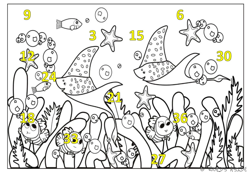 Counting-by-3s mat 3 of 7: yellow numbers 3 through 36 scattered across an underwater scene with rays and fish.