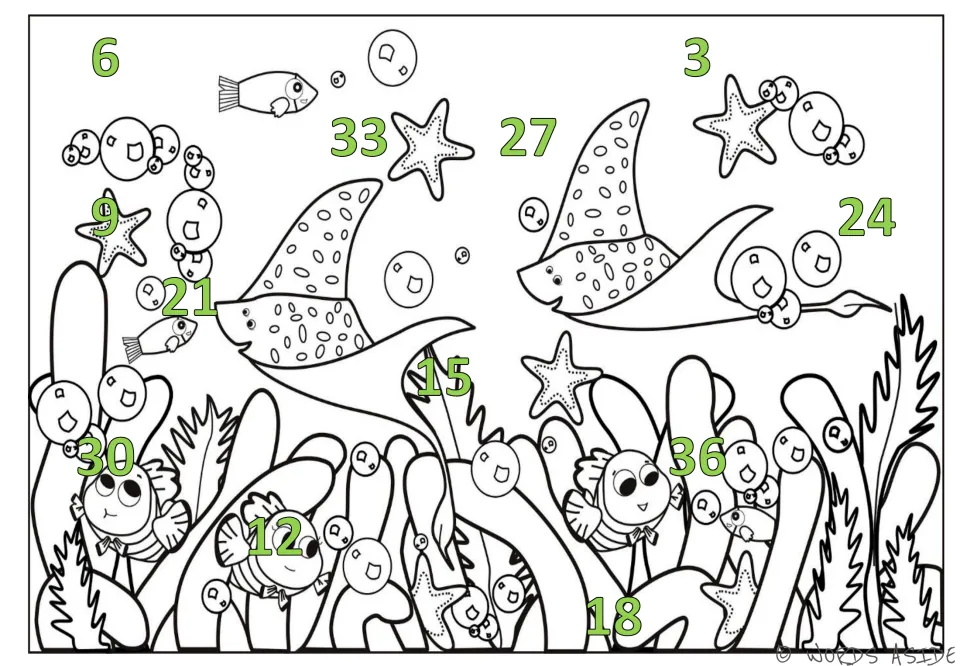 Counting-by-3s mat 4 of 7: green numbers 3 through 36 scattered across an underwater scene with rays and fish.