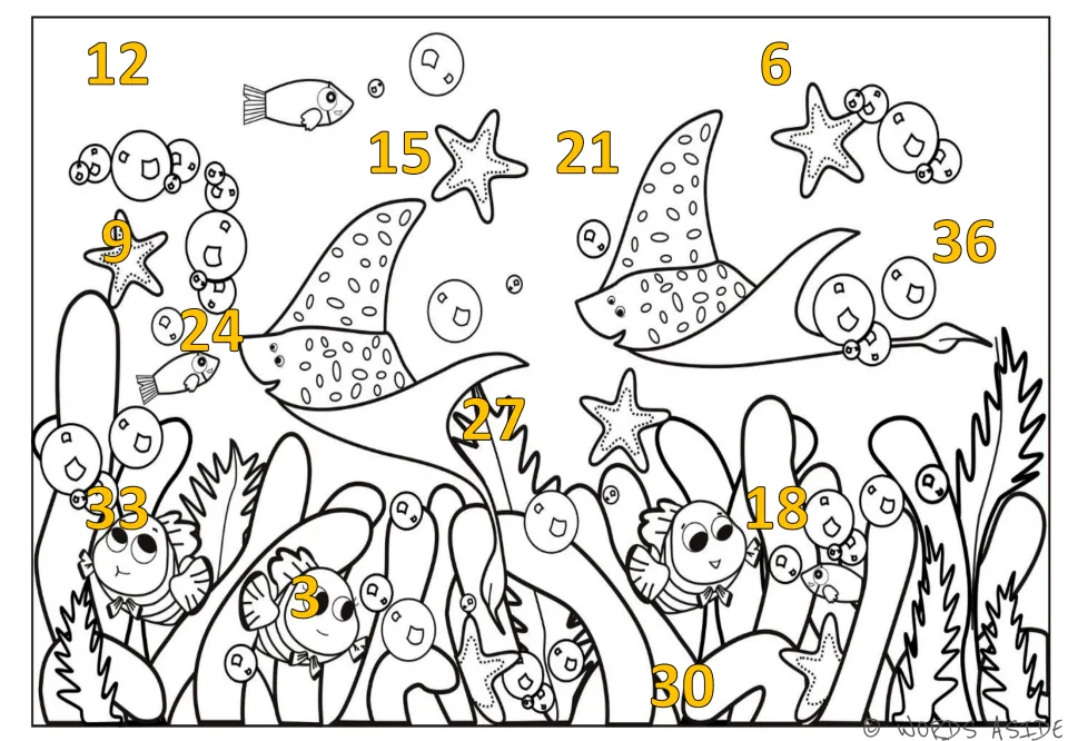 Counting-by-3s mat 5 of 7: gold numbers 3 through 36 scattered across an underwater scene with rays and fish.