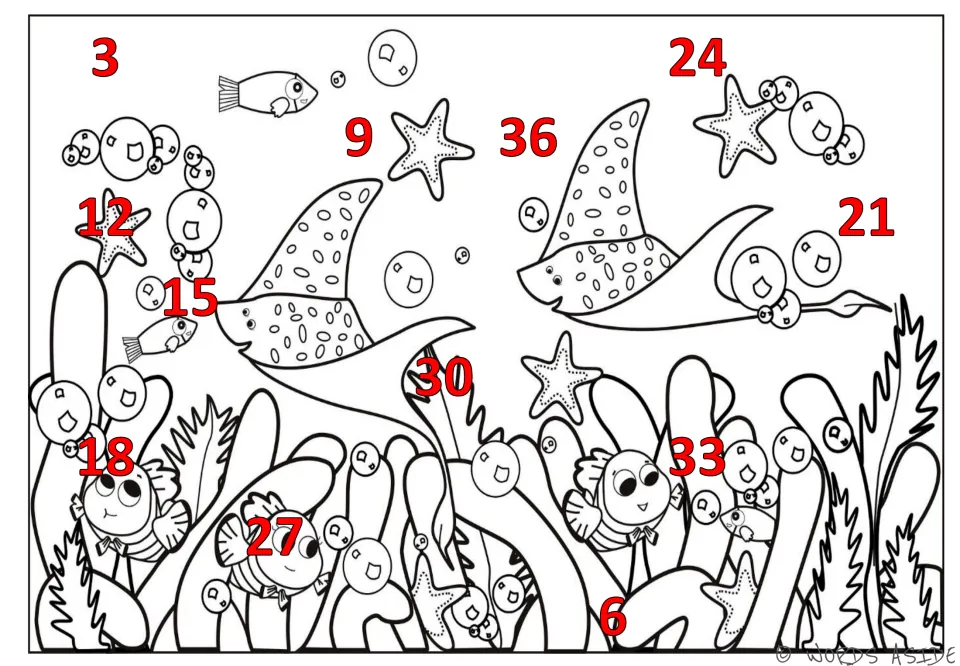 Counting-by-3s mat 6 of 7: red numbers 3 through 36 scattered across an underwater scene with rays and fish.