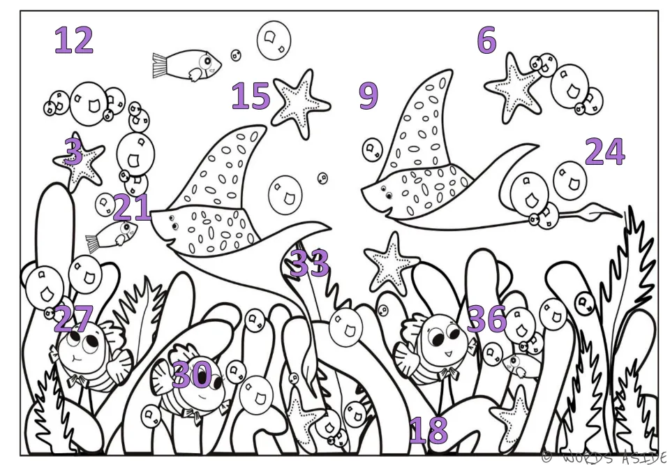 Counting-by-3s mat 7 of 7: purple numbers 3 through 36 scattered across an underwater scene with rays and fish.