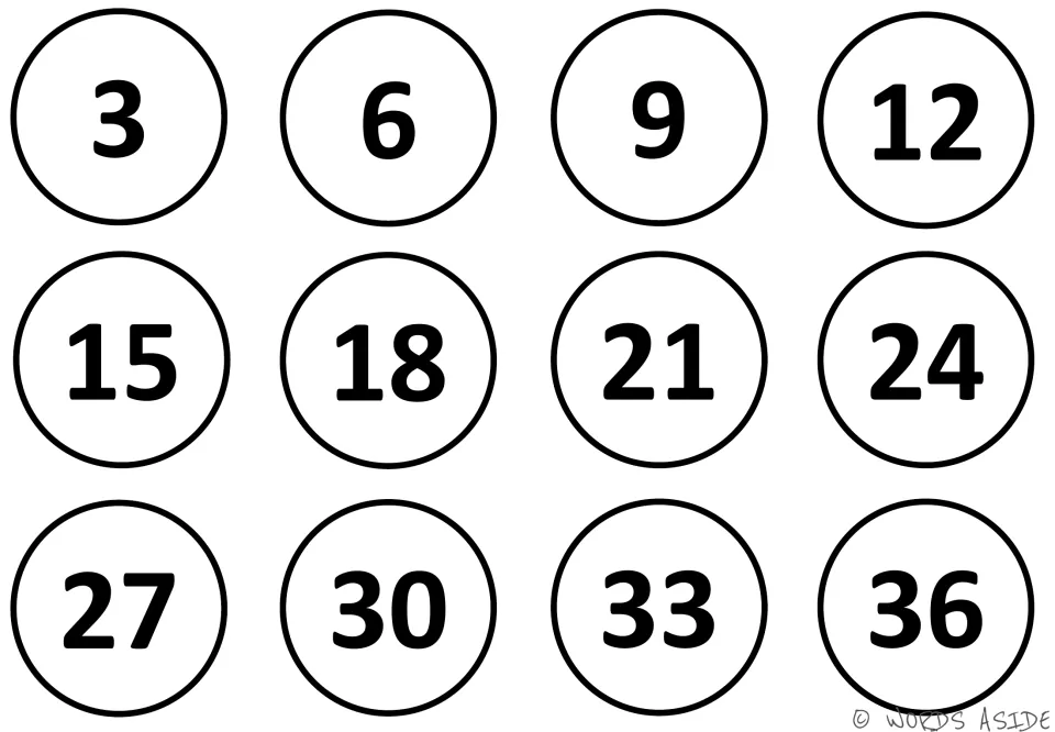 Counting by 3s mat, black and white: twelve numbered circles from 3 to 36 in order, for skip counting by threes