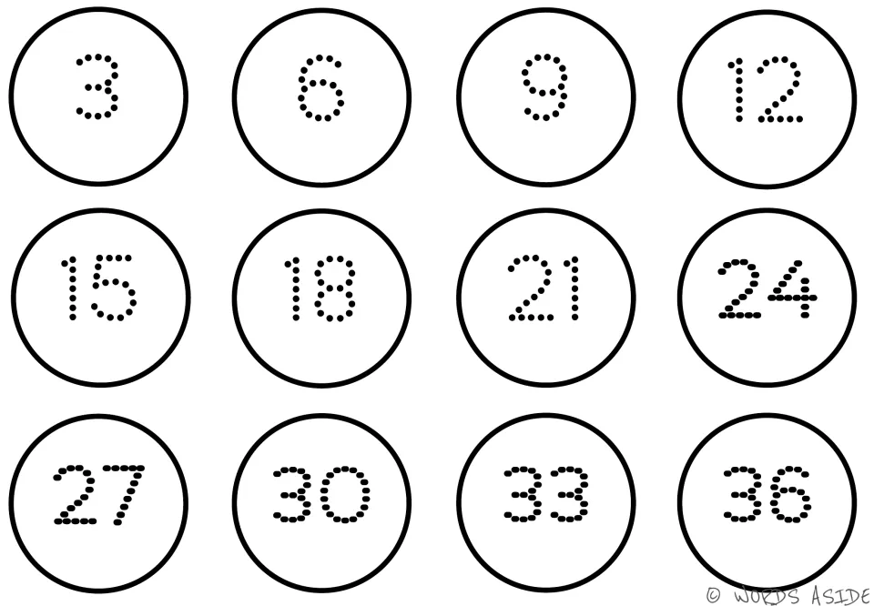 Counting-by-3s mat 1 of 7: numbers 3, 6, 9, 12, 15, 18, 21, 24, 27, 30, 33, and 36 on white circles.