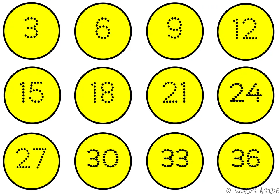 Counting-by-3s mat 3 of 7: numbers 3, 6, 9, 12, 15, 18, 21, 24, 27, 30, 33, and 36 on yellow circles.