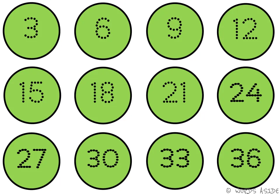 Counting-by-3s mat 4 of 7: numbers 3, 6, 9, 12, 15, 18, 21, 24, 27, 30, 33, and 36 on green circles.