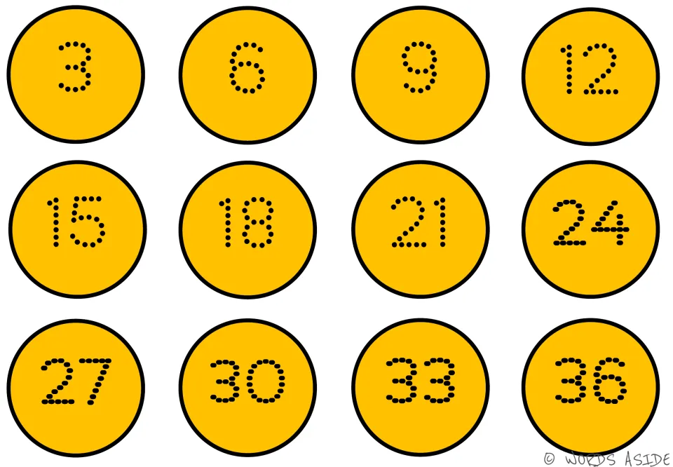 Counting-by-3s mat 5 of 7: numbers 3, 6, 9, 12, 15, 18, 21, 24, 27, 30, 33, and 36 on gold circles.