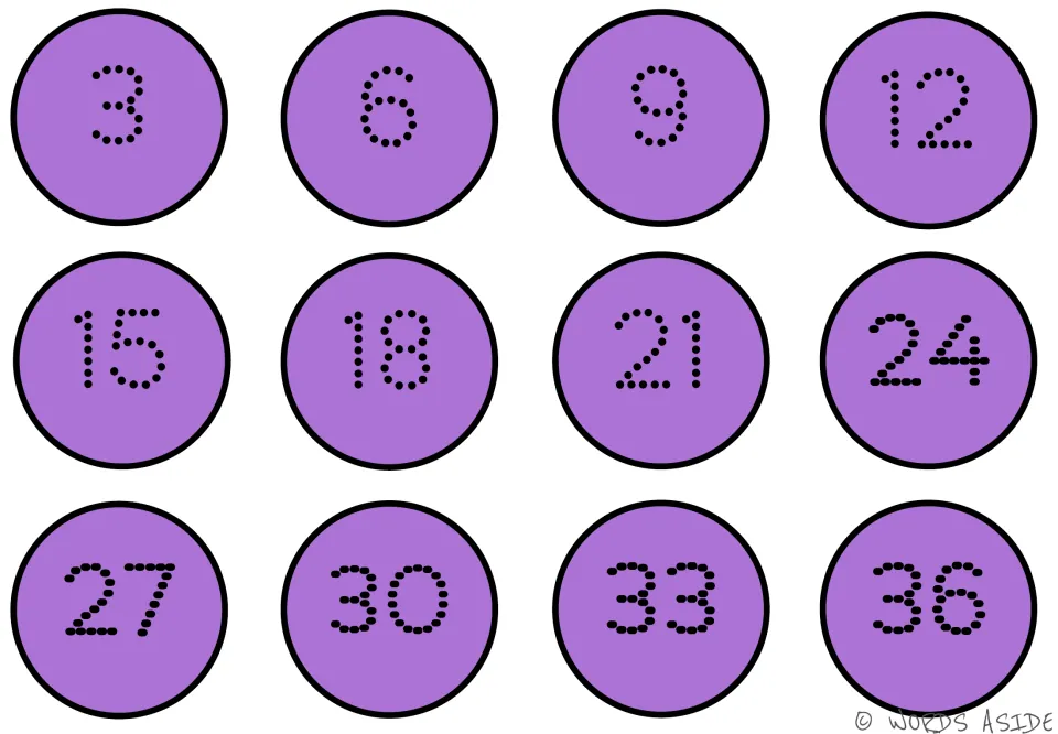 Counting-by-3s mat 7 of 7: numbers 3, 6, 9, 12, 15, 18, 21, 24, 27, 30, 33, and 36 on purple circles.