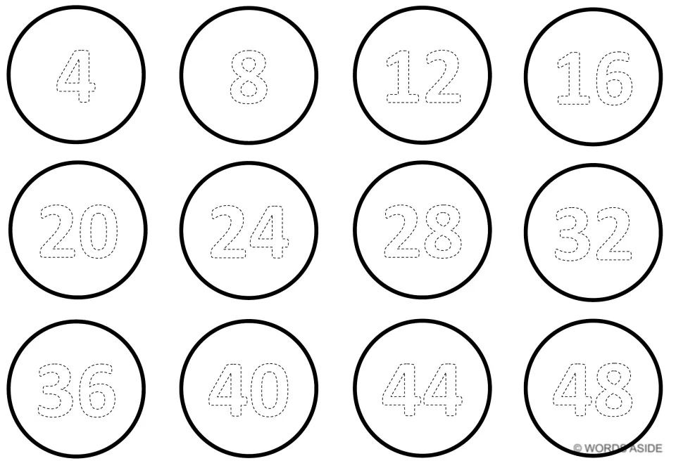 White counting-by-4s mat with 12 traceable numbers: 4, 8, 12, 16, 20, 24, 28, 32, 36, 40, 44, and 48.