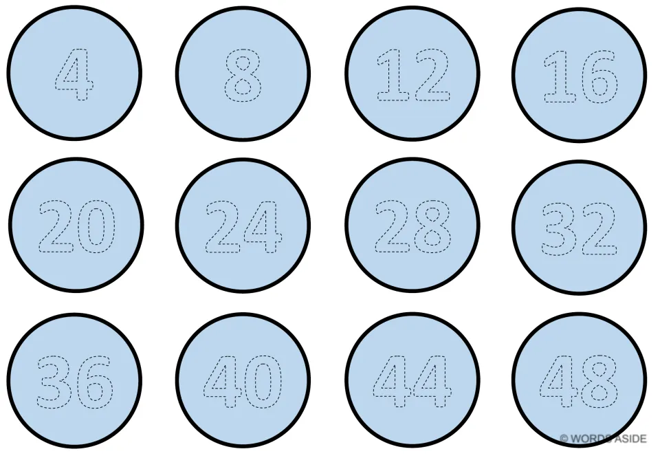 Light blue counting-by-4s mat with 12 traceable numbers: 4, 8, 12, 16, 20, 24, 28, 32, 36, 40, 44, and 48.