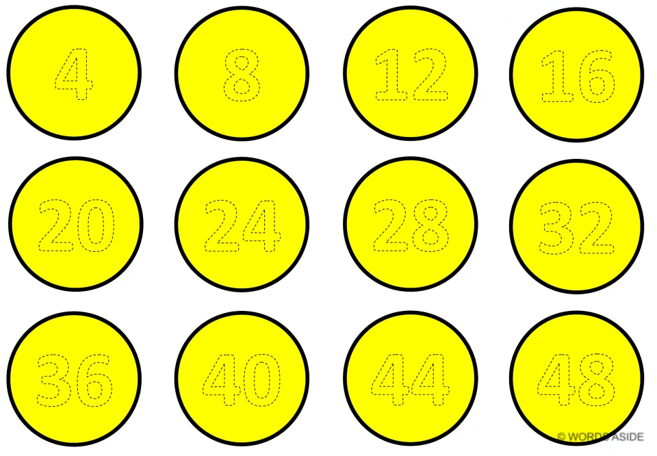 Yellow counting-by-4s mat with 12 traceable numbers: 4, 8, 12, 16, 20, 24, 28, 32, 36, 40, 44, and 48.