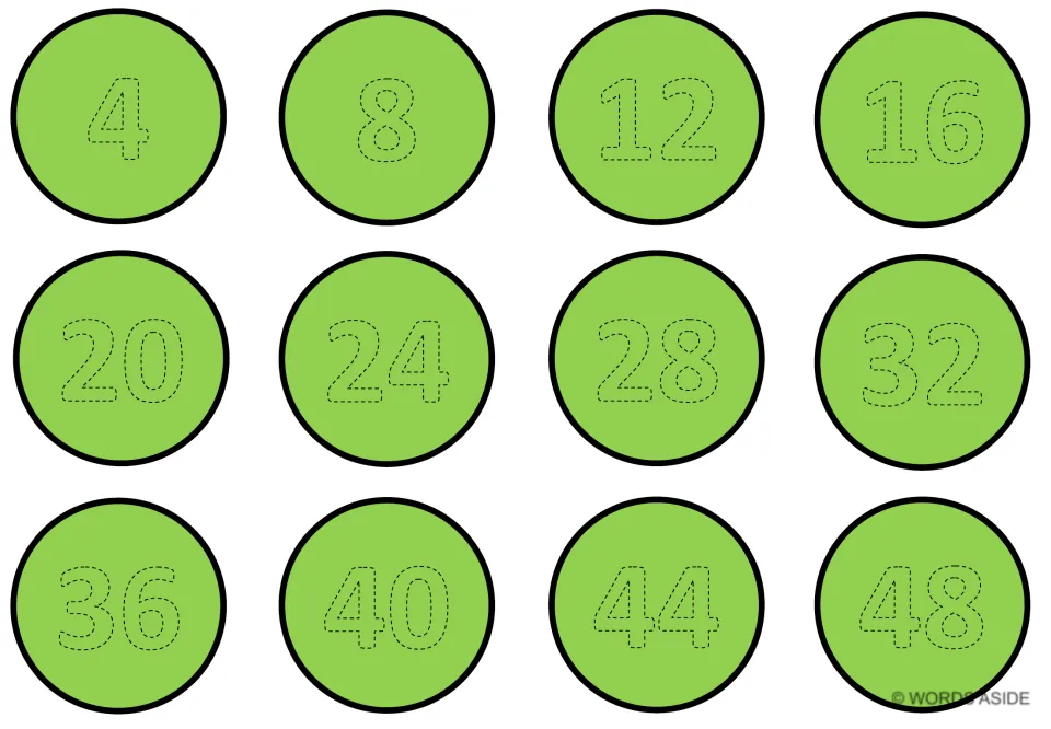 Green counting-by-4s mat with 12 traceable numbers: 4, 8, 12, 16, 20, 24, 28, 32, 36, 40, 44, and 48.