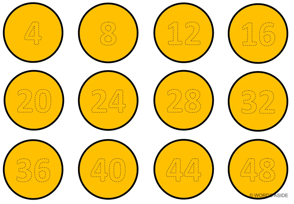 Gold counting-by-4s mat with 12 traceable numbers: 4, 8, 12, 16, 20, 24, 28, 32, 36, 40, 44, and 48.