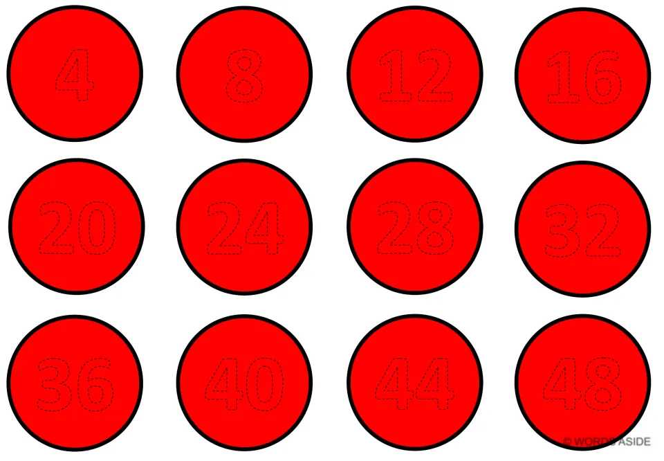 Red counting-by-4s mat with 12 traceable numbers: 4, 8, 12, 16, 20, 24, 28, 32, 36, 40, 44, and 48.