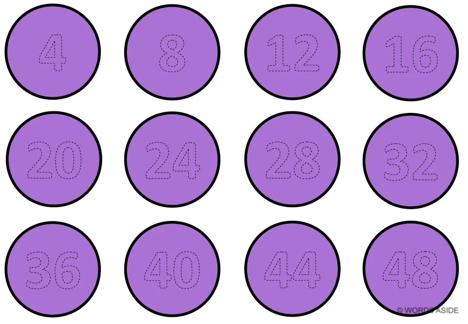 Purple counting-by-4s mat with 12 traceable numbers: 4, 8, 12, 16, 20, 24, 28, 32, 36, 40, 44, and 48.
