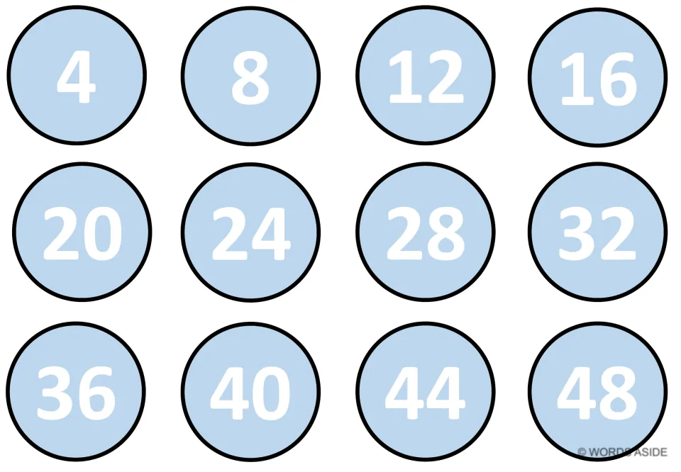 Counting by 4s mat in light blue: twelve circles show 4, 8, 12 up to 48 in order for students to skip count by fours