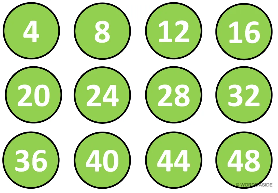 Green mat of multiples of four: circles numbered 4, 8, 12, 16 through 48 let students practise skip counting by 4s