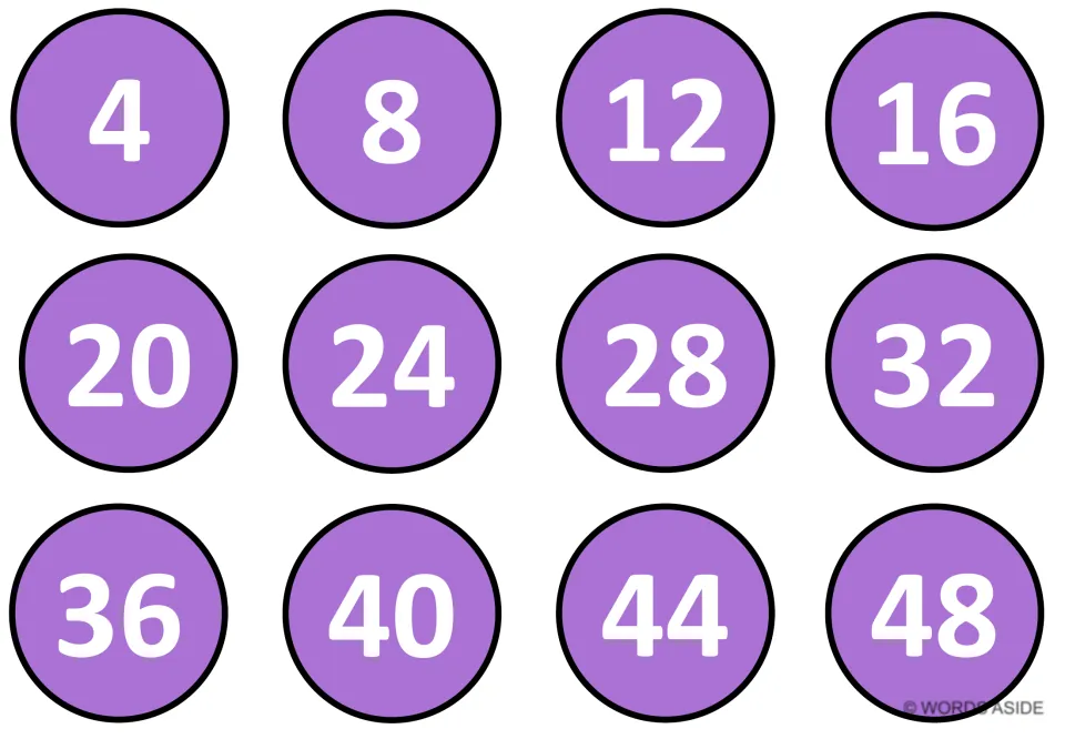 Purple fours mat: twelve circles count 4, 8, 12 and on to 48 so students can follow the skip-counting sequence by 4s
