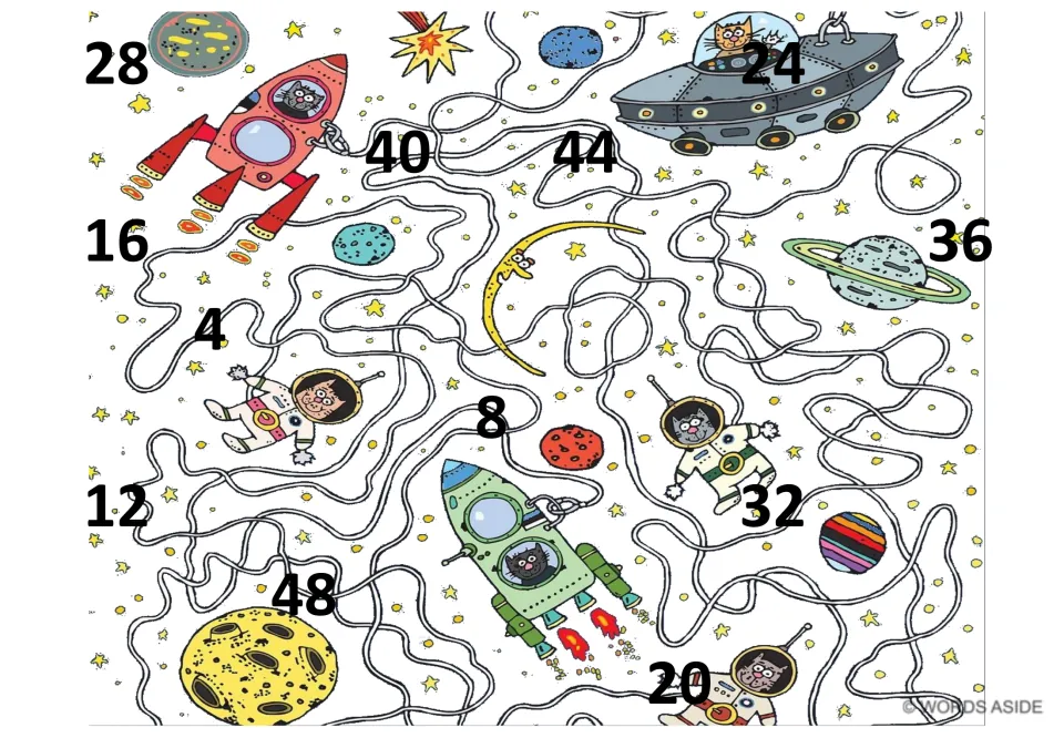 Counting-by-4s mat 1: black numbers 4, 8, 12, 16, 20, 24, 28, 32, 36, 40, 44, and 48 in mixed order.