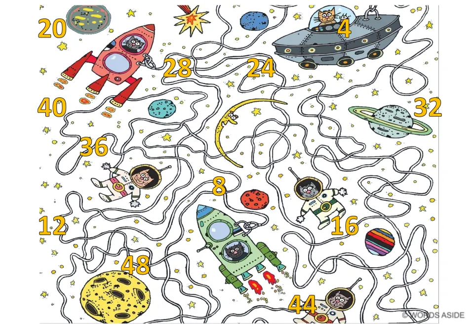 Counting-by-4s mat 5: orange numbers 4, 8, 12, 16, 20, 24, 28, 32, 36, 40, 44, and 48 in mixed order.