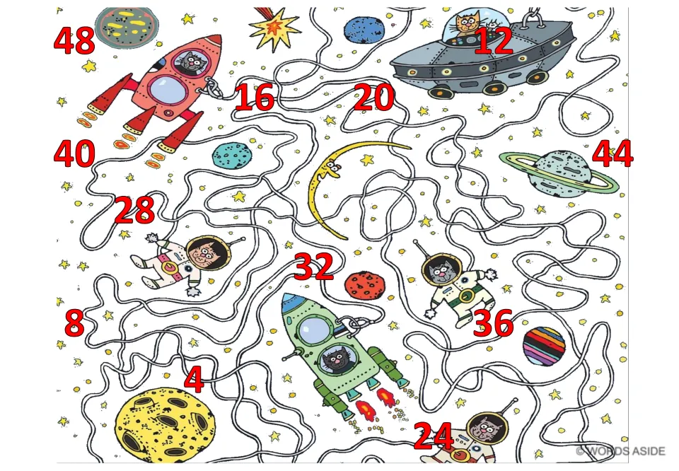 Counting-by-4s mat 6: red numbers 4, 8, 12, 16, 20, 24, 28, 32, 36, 40, 44, and 48 in mixed order.