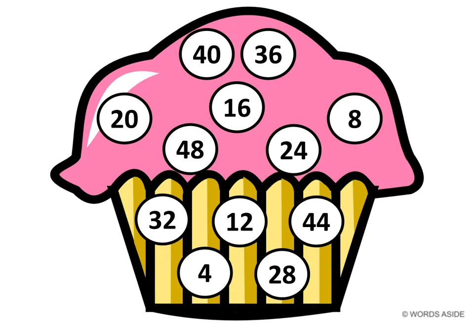 Counting by 4s cupcake mat: white circles on the frosting and liner show 4 to 48 in mixed order for skip counting
