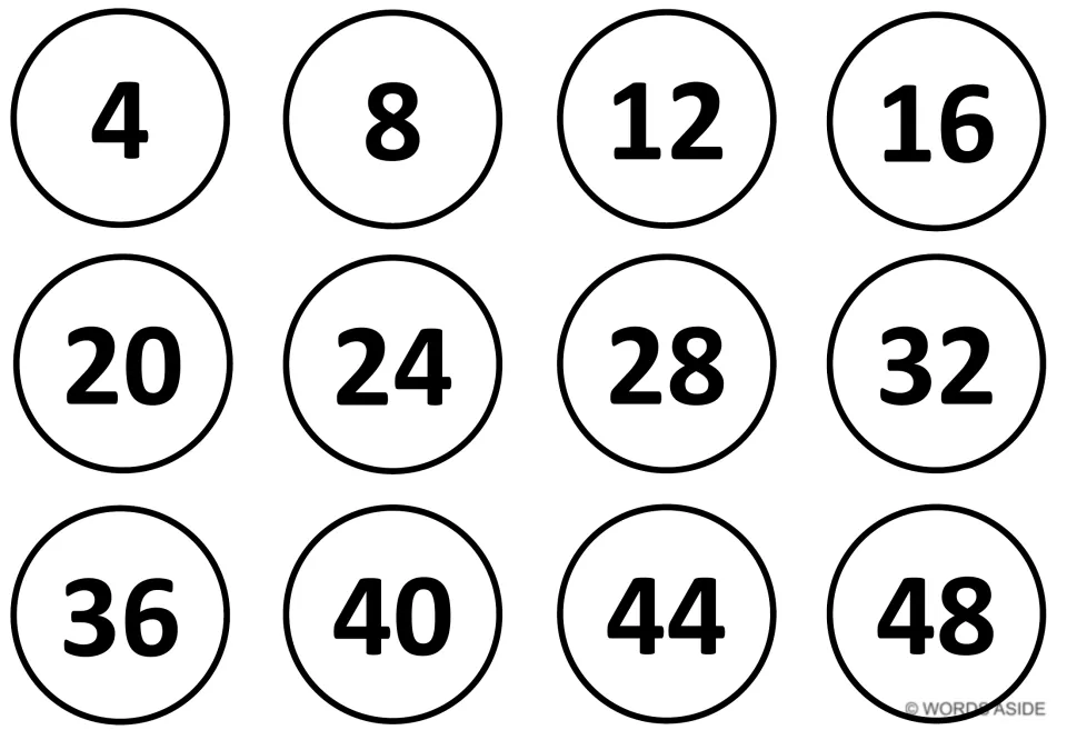 Black and white counting by 4s mat: 12 numbered circles from 4 to 48 for skip counting practice in order