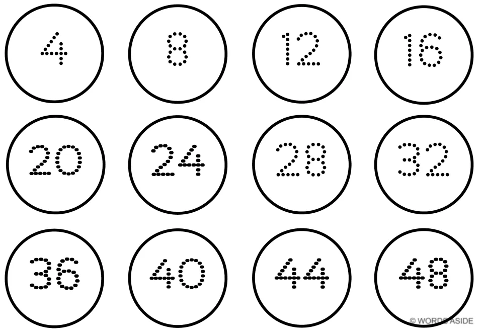 White counting-by-4s mat showing all 12 multiples from 4 to 48: 4, 8, 12, 16, 20, 24, 28, 32, 36, 40, 44, 48