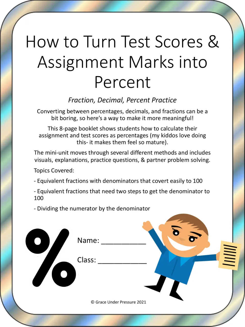 Cover: How to Turn Test Scores & Assignment Marks into Percent booklet, listing three fraction-to-percent methods covered