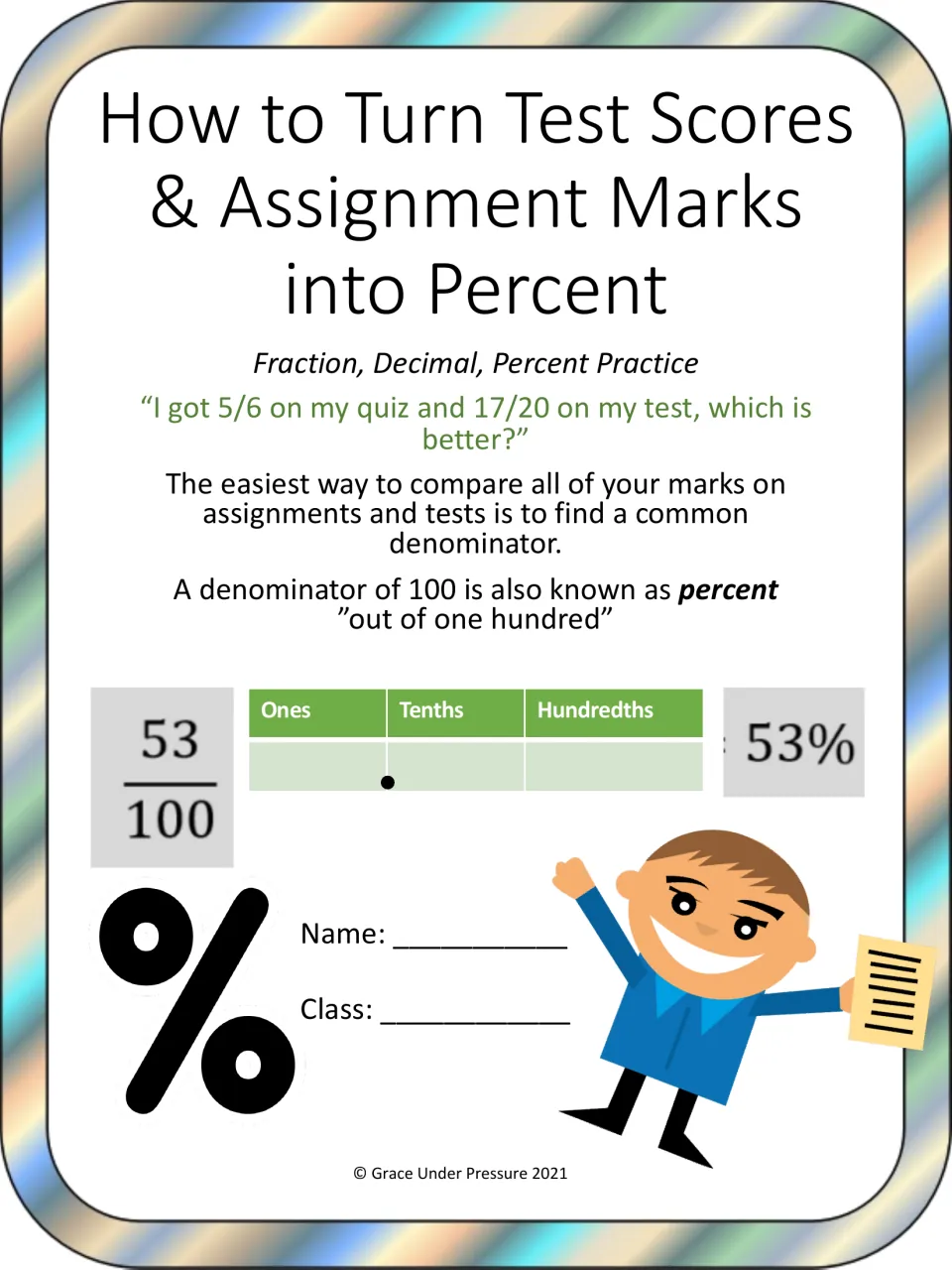 Percent means out of 100: asks if 5/6 or 17/20 is the better mark, then links 53/100 to a place-value chart and 53%