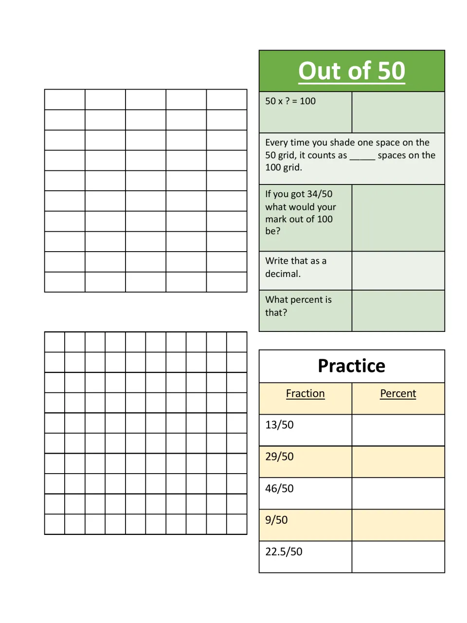 Out of 50: students shade models to rewrite 34/50 out of 100, as a decimal and as a percent, then convert 13/50 to 22.5/50