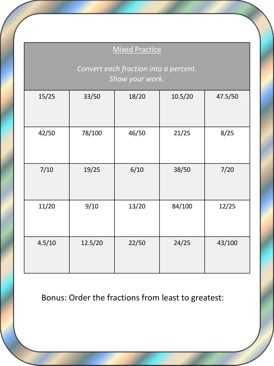 Mixed practice: students convert 25 scores such as 15/25, 47.5/50 and 43/100 into percents, then order least to greatest