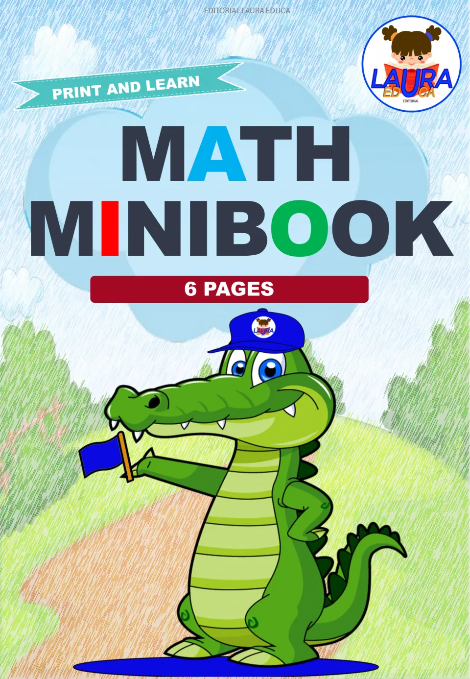 Math minibook cover labeled 'Print and Learn' and '6 Pages,' introducing the collection of math activities