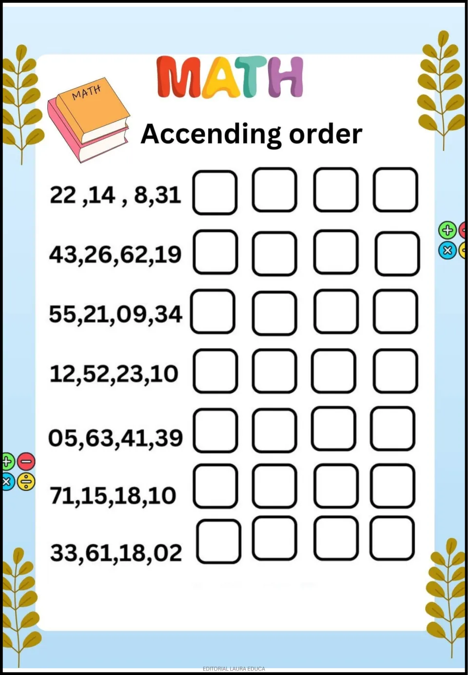 Ascending-order activity with seven sets of four numbers, including 22, 14, 8, 31 and 43, 26, 62, 19