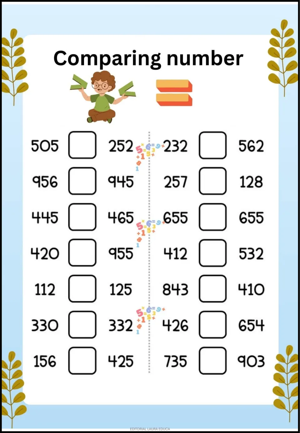 Number-comparison activity with 14 three-digit pairs, including 505 and 252, 956 and 945, and 655 and 655