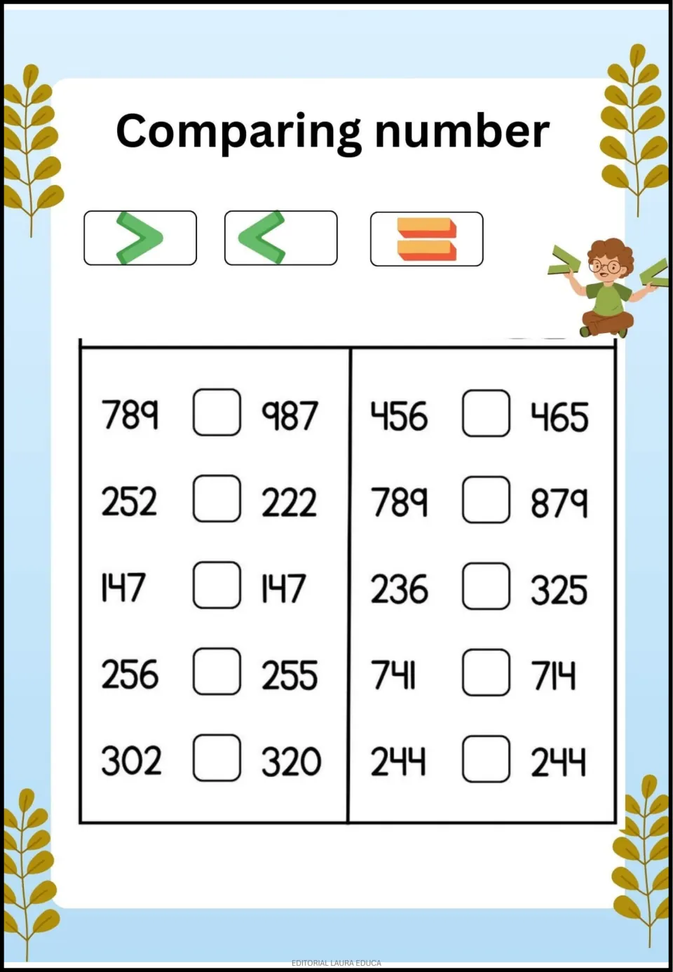 Number-comparison activity with 10 pairs, including 789 and 987 and 147 and 147, using >, <, or =