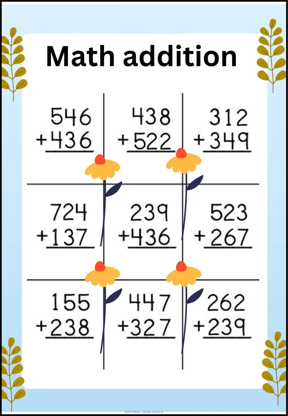 Addition activity with nine three-digit problems, including 546 + 436, 438 + 522, and 312 + 349