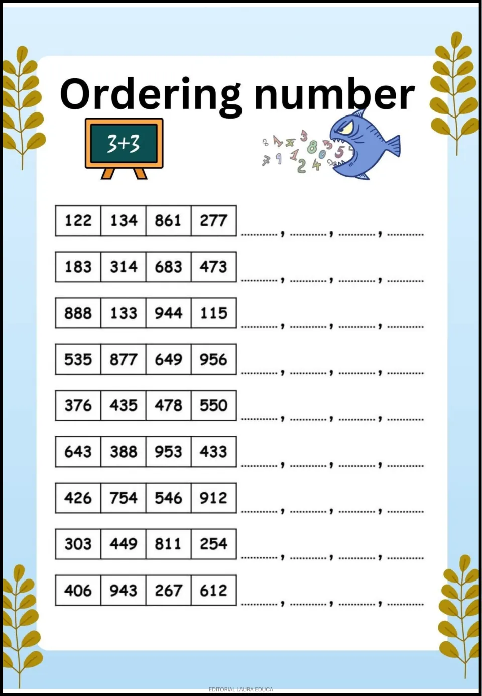Number-ordering activity with nine sets of four three-digit numbers, including 122, 134, 861, and 277