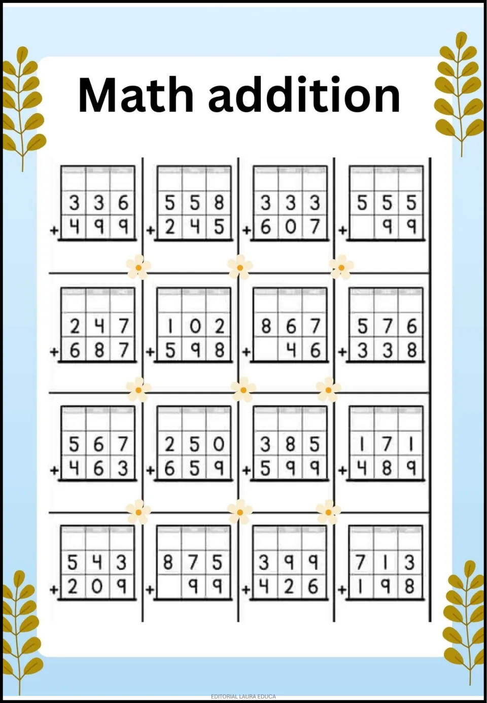 Addition activity with 16 problems combining three-digit and some two-digit numbers, including 555 + 99