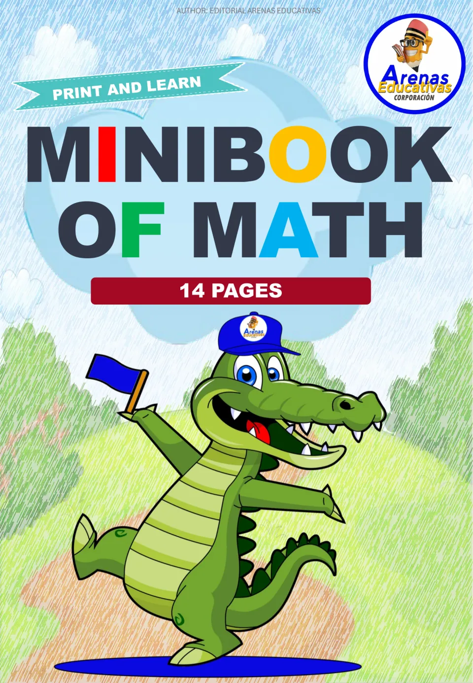 Math mini book cover labeled 'MINIBOOK OF MATH,' 'PRINT AND LEARN,' and '14 PAGES' for the Spanish resource