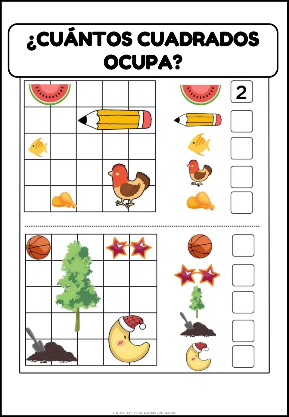 Square-counting practice asks how many squares each picture occupies, using a watermelon, pencil, and eight more