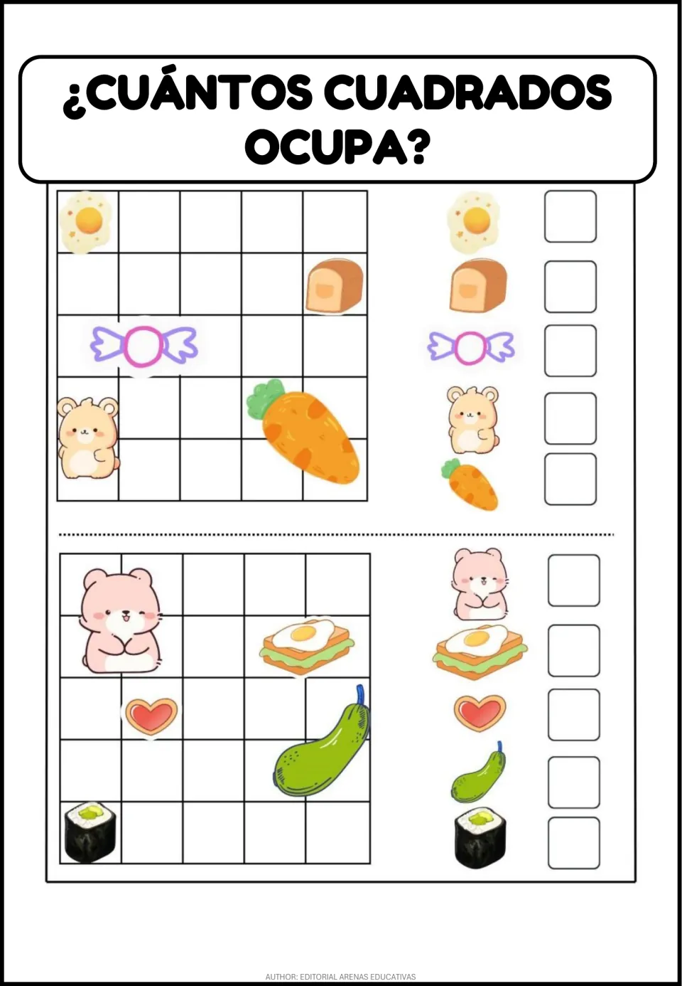 Square-counting practice uses ten pictures, including an egg, bread, candy, carrot, sandwich, and sushi