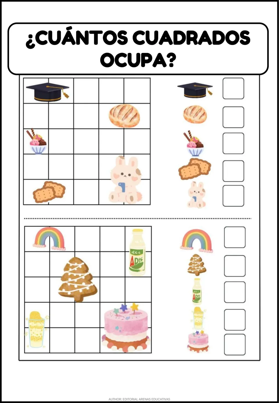 Square-counting practice uses a graduation cap, bread, ice cream, cookies, rabbit, and five more pictures