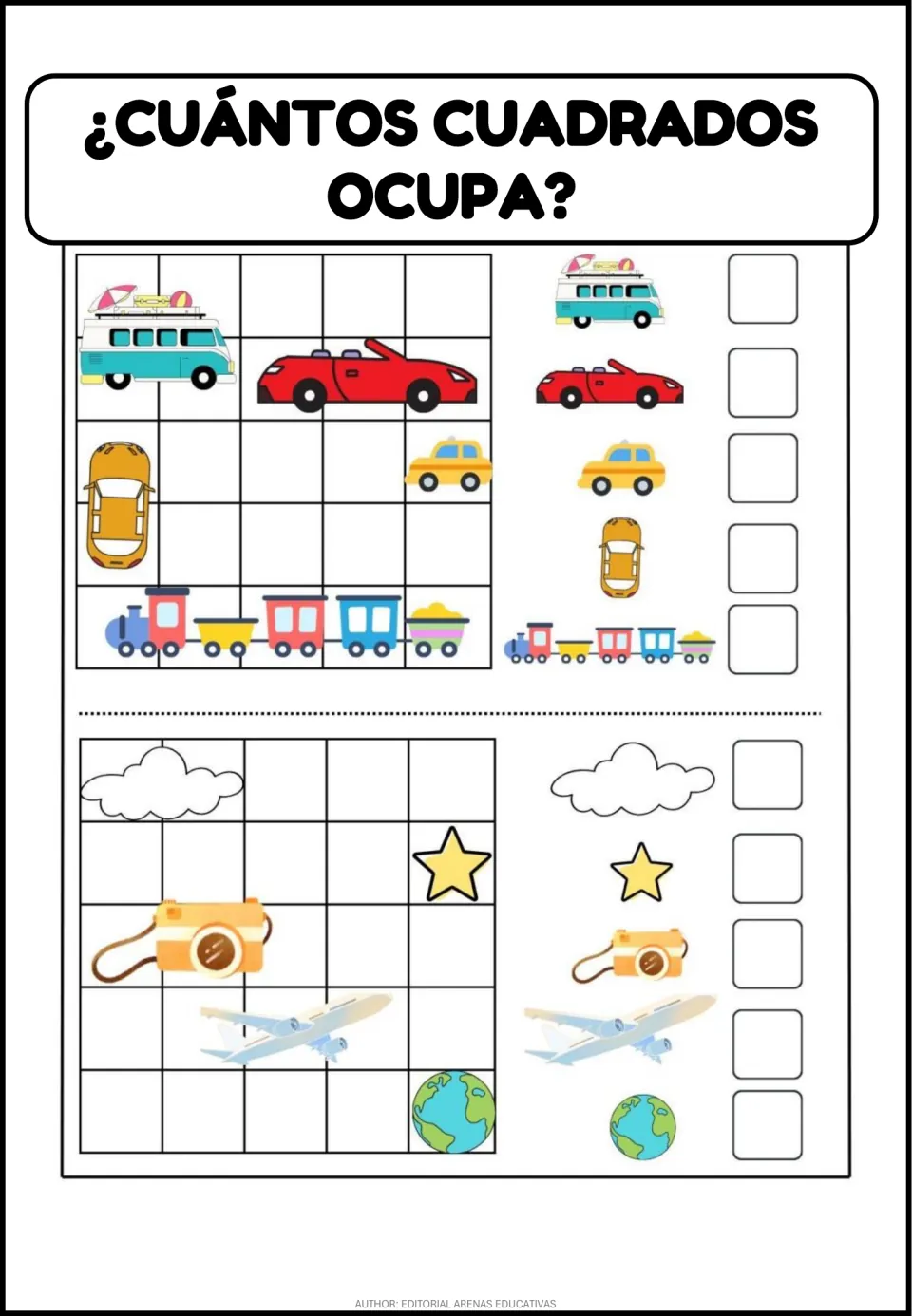 Square-counting practice uses ten pictures, including a van, cars, train, cloud, camera, airplane, and globe