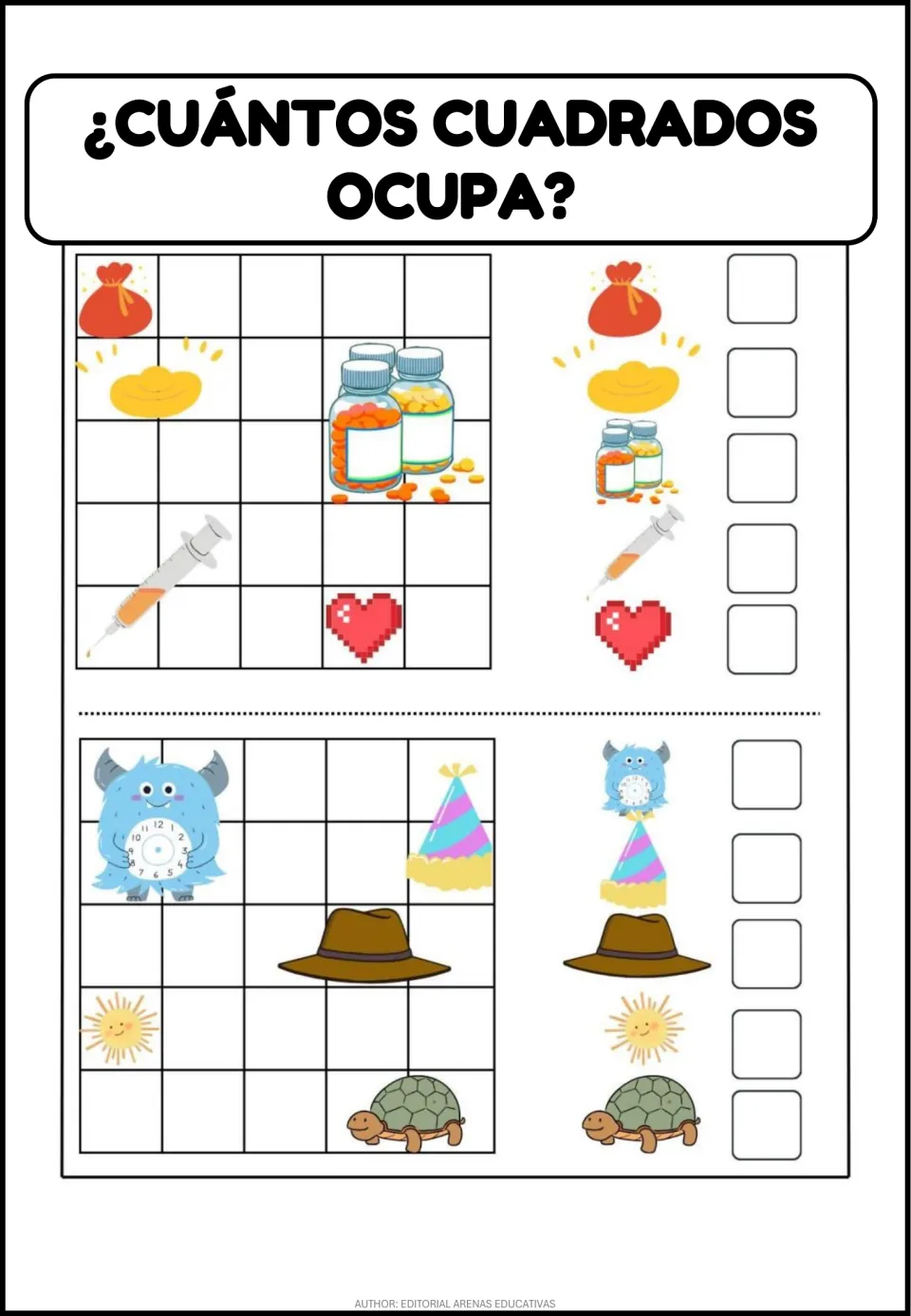 Square-counting practice uses ten pictures, including coins, medicine bottles, a syringe, hats, and a turtle