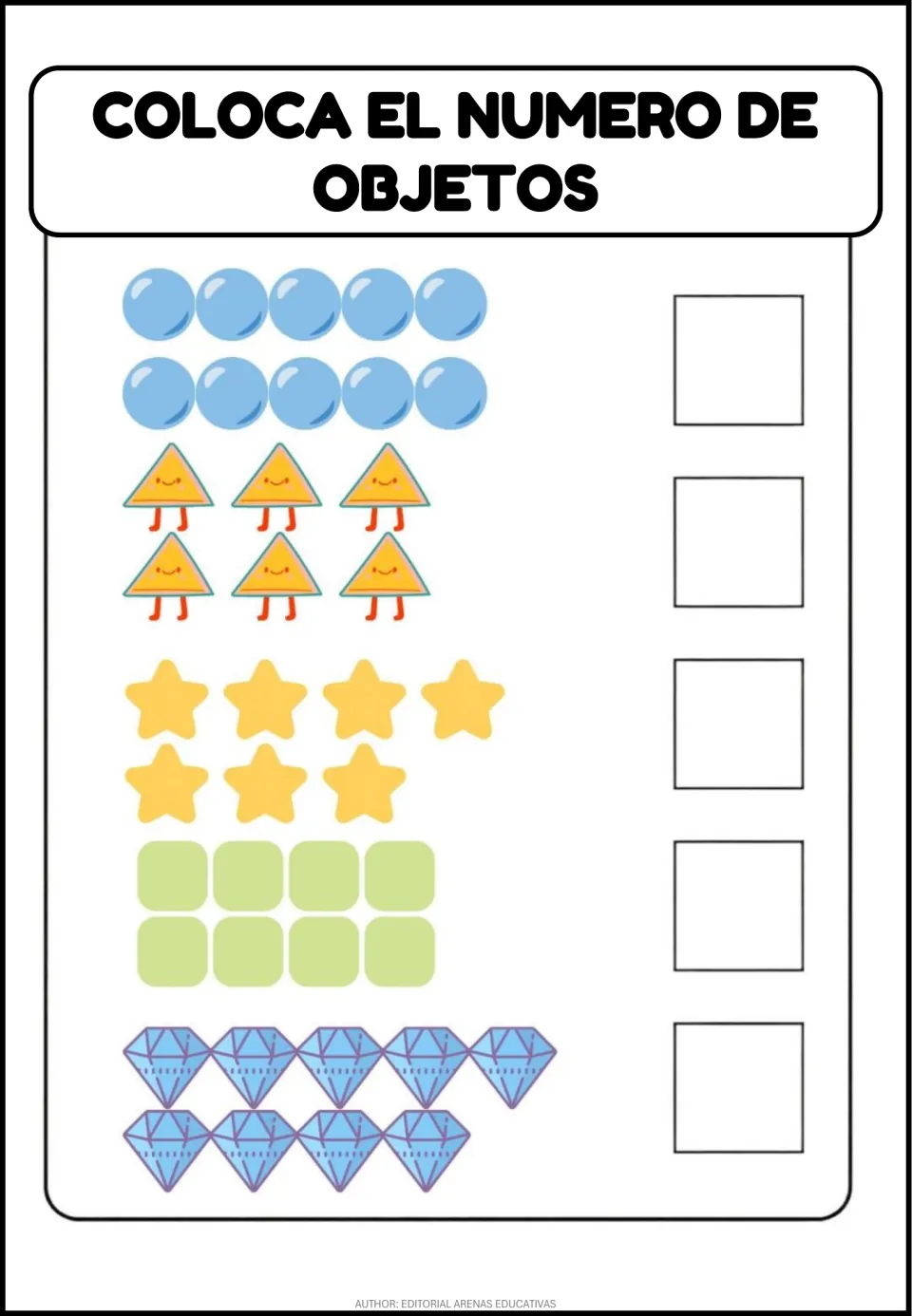 Object-counting practice asks students to record totals for circles, triangles, stars, squares, and diamonds