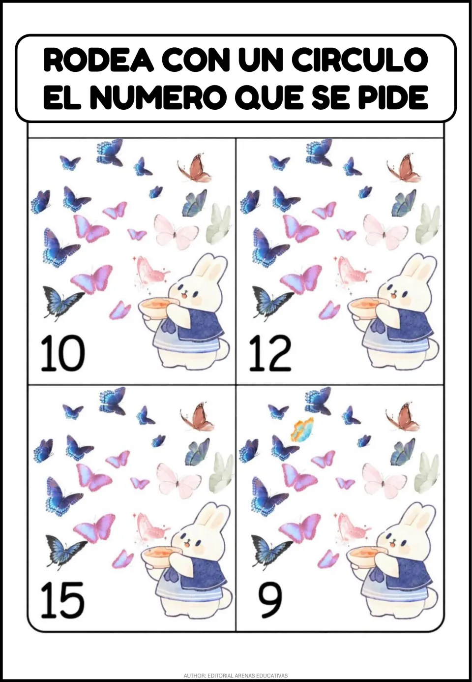 Circling practice presents four butterfly groups labeled 10, 12, 15, and 9 beneath a Spanish instruction