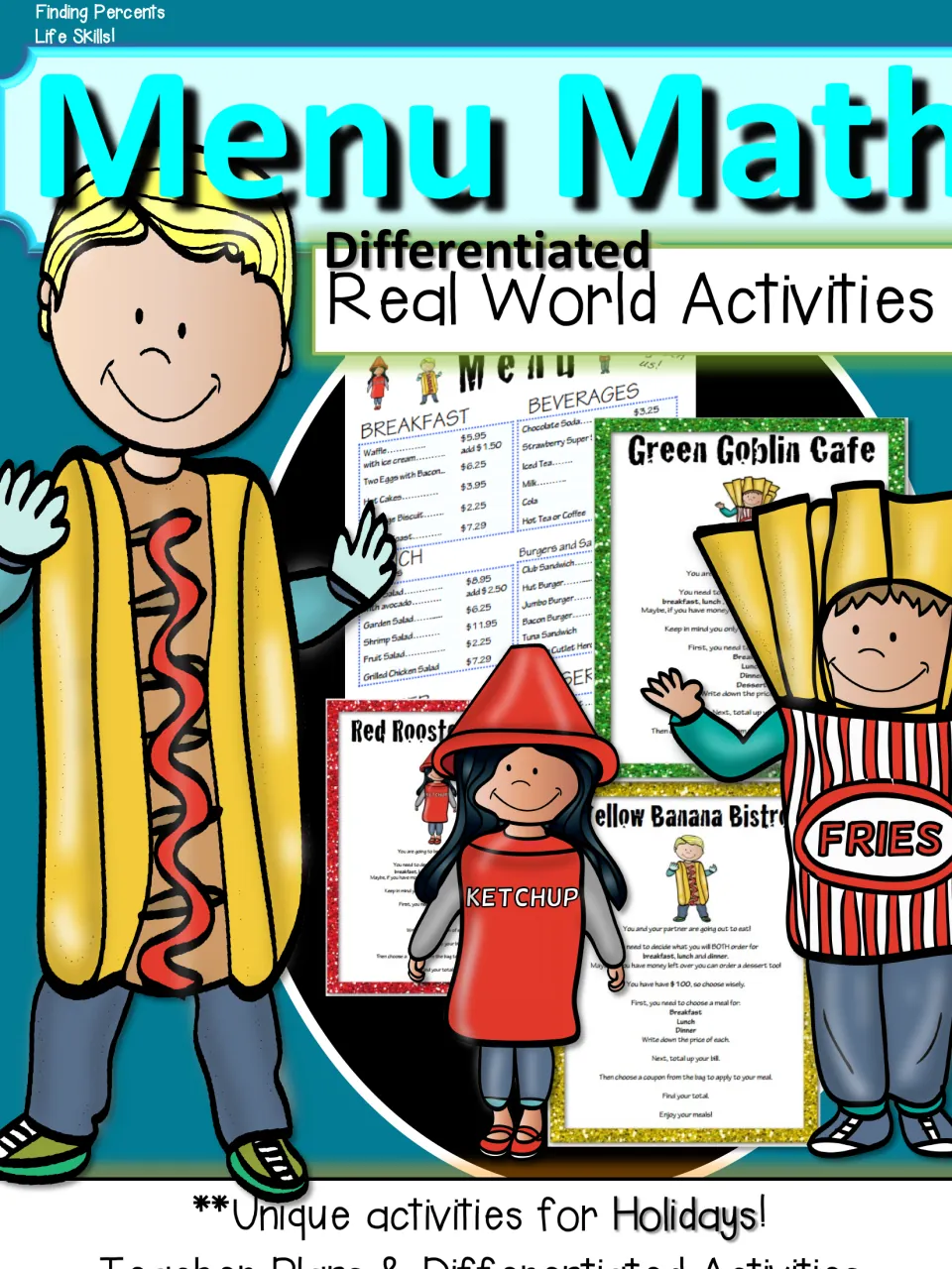 Menu Math cover: differentiated real world activities on finding percents, with a menu and three leveled restaurant pages